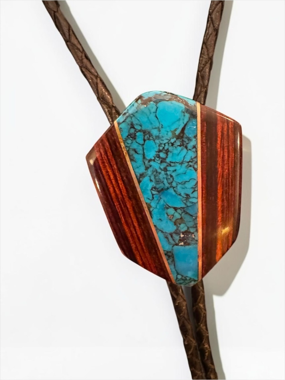 Bolo Tie Wood Inlay Turquoise Stone Leather Silver - Picture 2 of 6